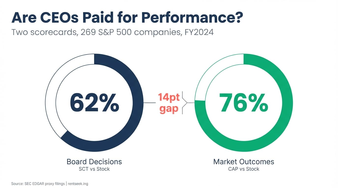 Are CEOs Paid for Performance? Two donut gauges: Board Decisions 62% aligned (navy), Market Outcomes 76% aligned (green), with a 14-point gap highlighted between them. Two scorecards, 269 S&P 500 companies, FY2024.